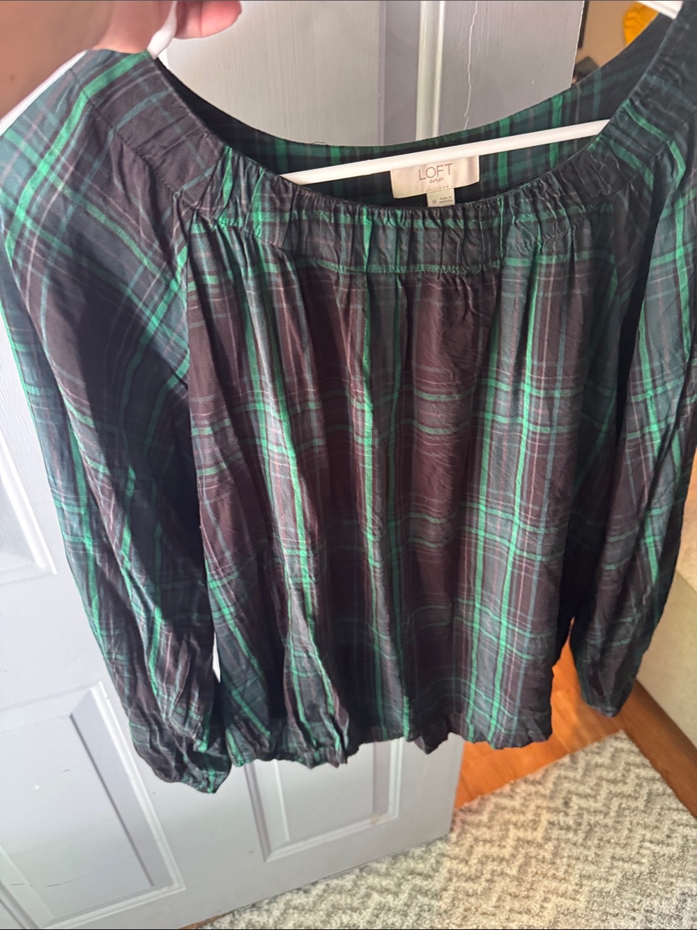 LOFT Black and Green Plaid Peasant Top